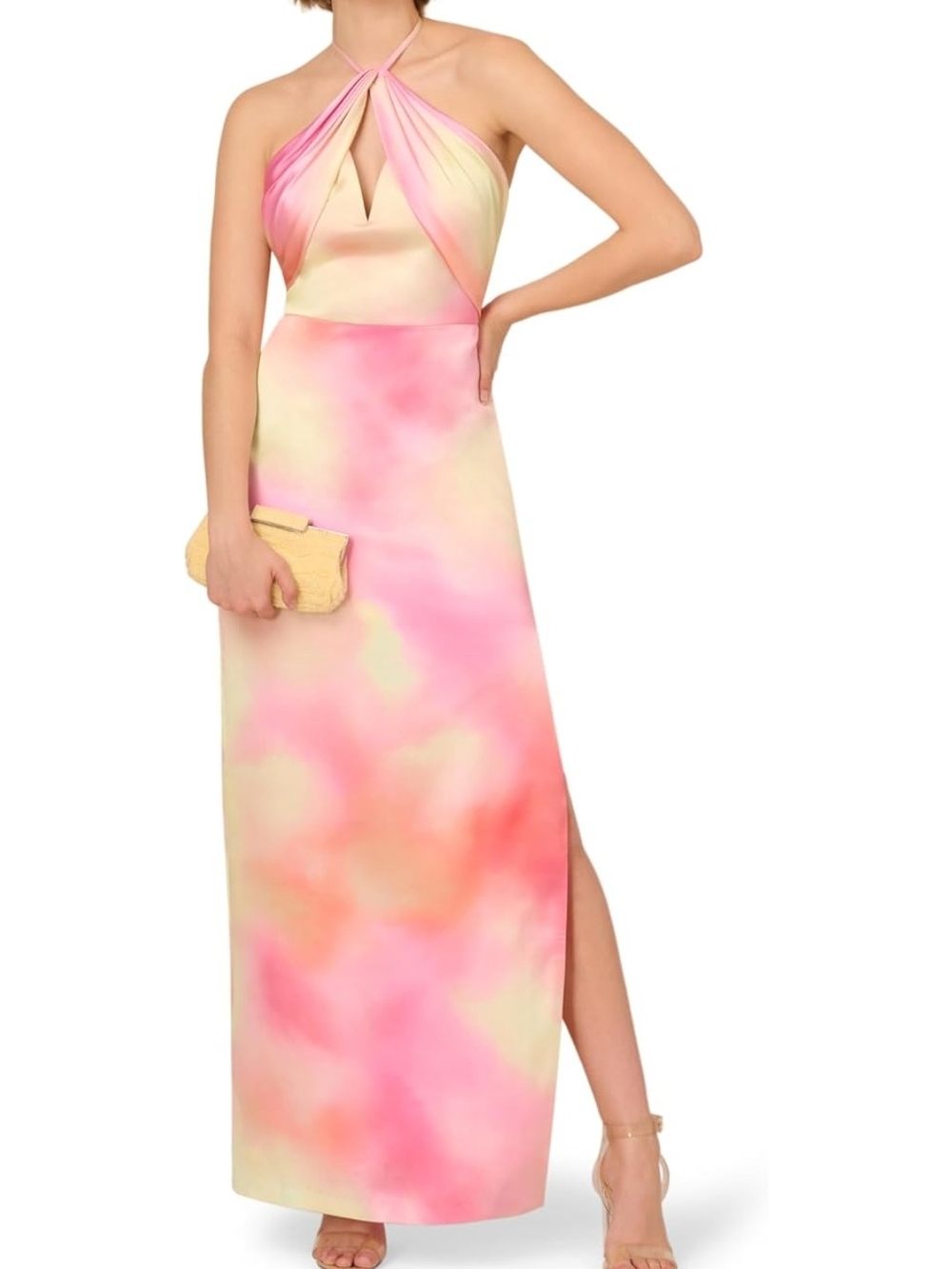 Adrianna Papell Pink and Yellow Halter Maxi Dress